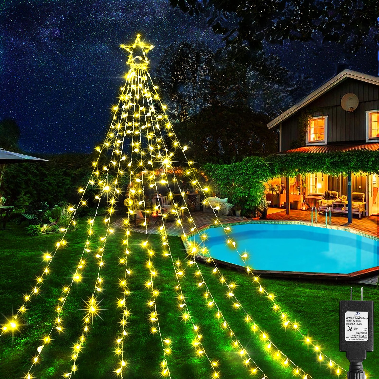 XURISEN 23ft 670 LED Outdoor Christmas Tree Star Light Waterfall Decorations