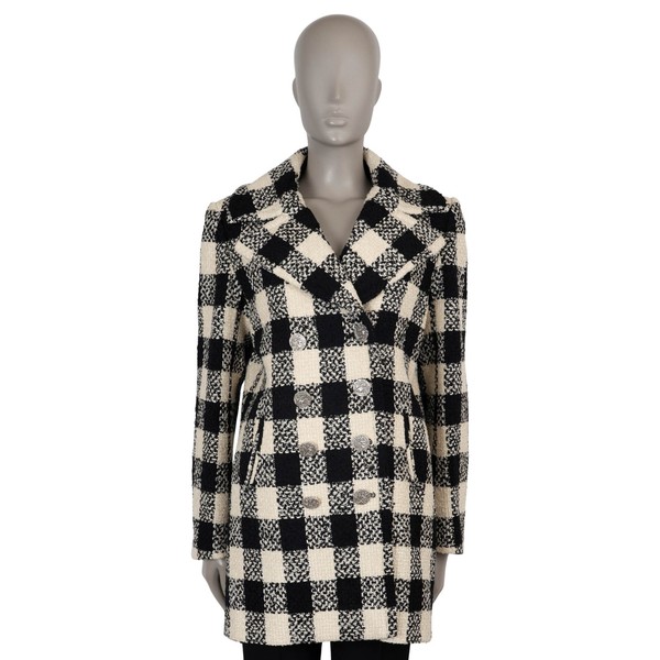 73077 authentisch CHANEL schwarz & creme Wolle 16A ROM KARIERT TWEED Peacoat Jacke 36 XS