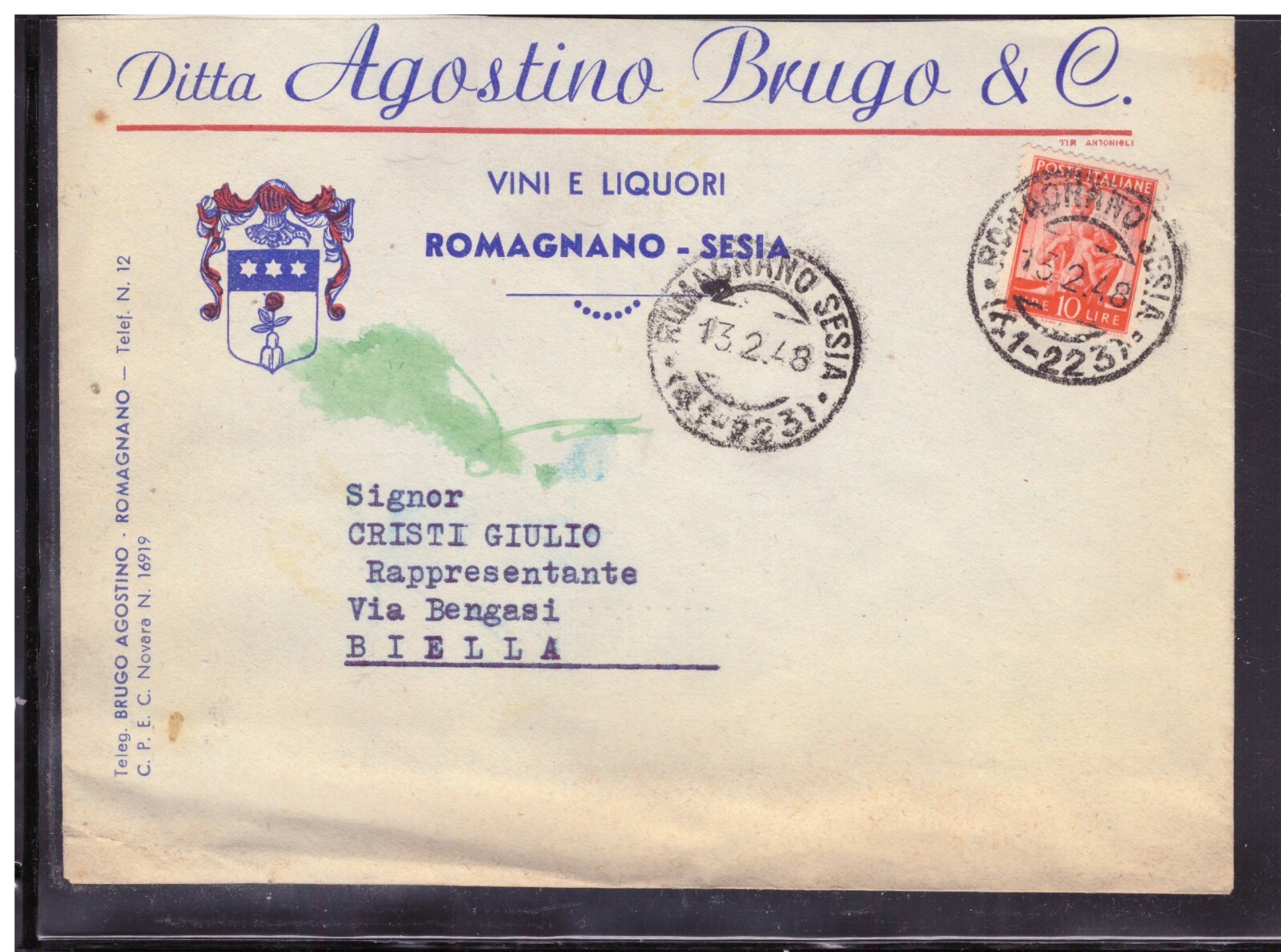 Busta Commerciale Romagnano Sesia Vini e Liquori Ditta BRUGO 1948 KYA483