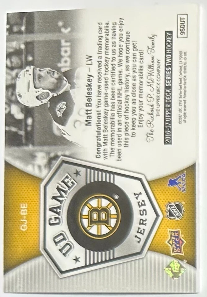 2016-17 Upper Deck Game Jerseys #GJBE Matt Beleskey - Bruins - Image 2 of 2