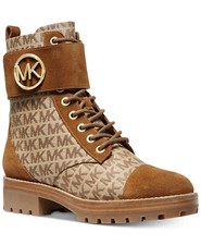 MICHAEL KORS TATUM CANVAS MK PRINT SUEDE COMBAT BIKER BOOTS 6 7 I LOVE SHOES