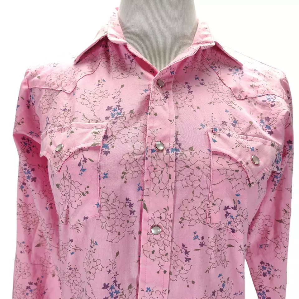 Vintage Años 70 Western Pearl Snap Talla 16 Rosa Floral Mezcla Algodón Roto en Rodeo Foto 3 de 4