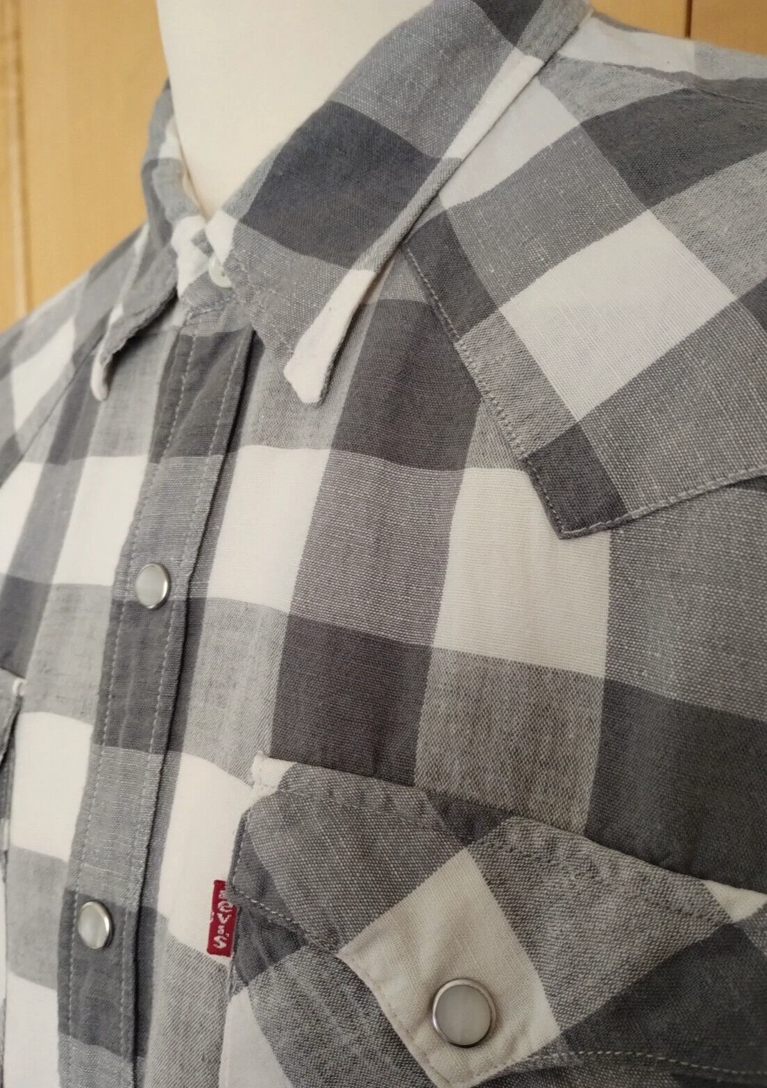 LEVIS MEDIUM BARSTOW CREAM GREY CHECK COTTON LINEN WESTERN SLIM FIT SHIRT