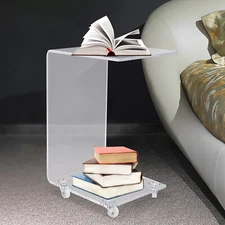 Clear Acrylic C Table End Table/Laptop Desk/Night Stand/Side Table with Wheels