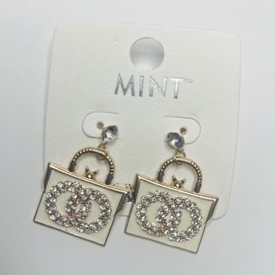 MINT Crystal Gold White Rectangular Purse Dangle Drop Earrings Metal Enamel