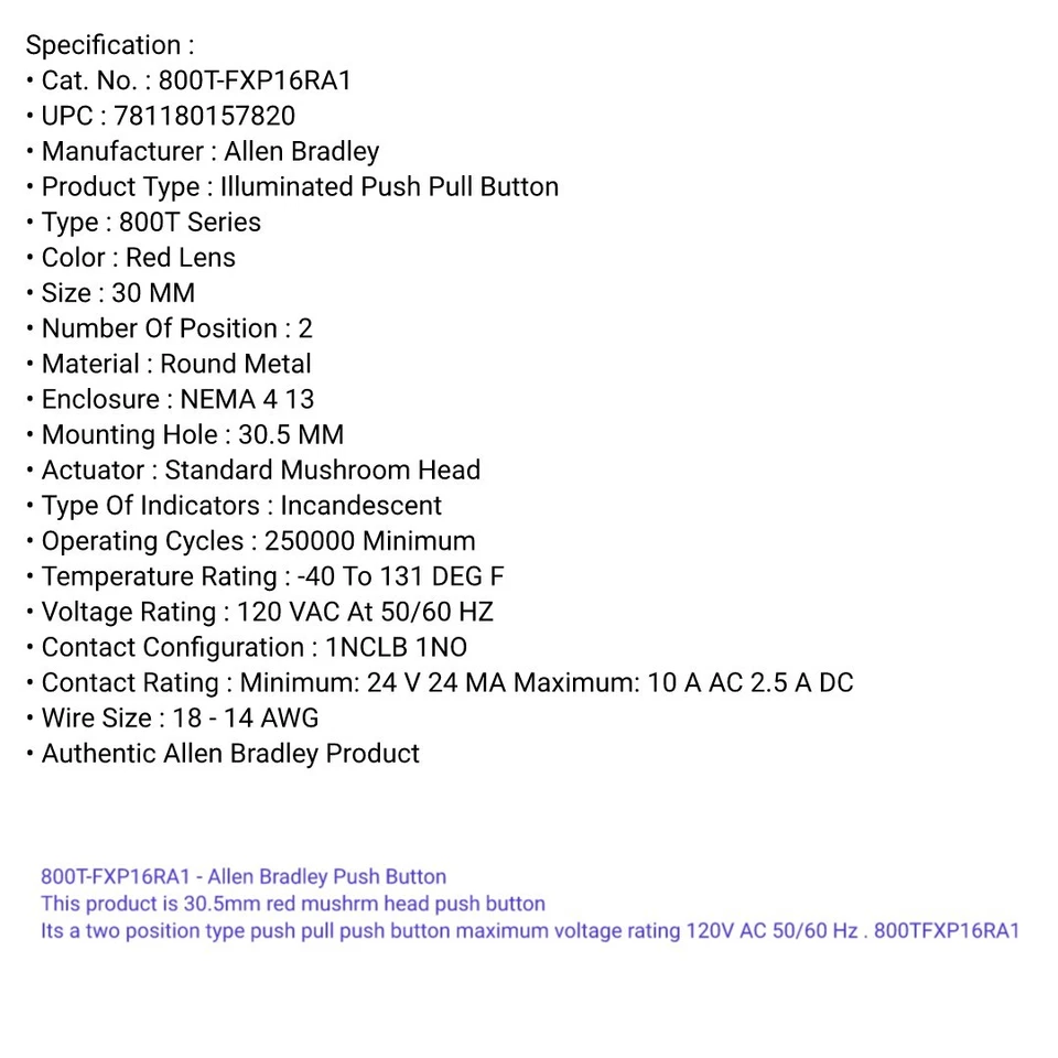 ALLEN BRADLEY 800T-FXP16RA1 30.5mm Type 4/13 2 Pos. PB-Illum., Push-Pull, Red - Image 3 of 4