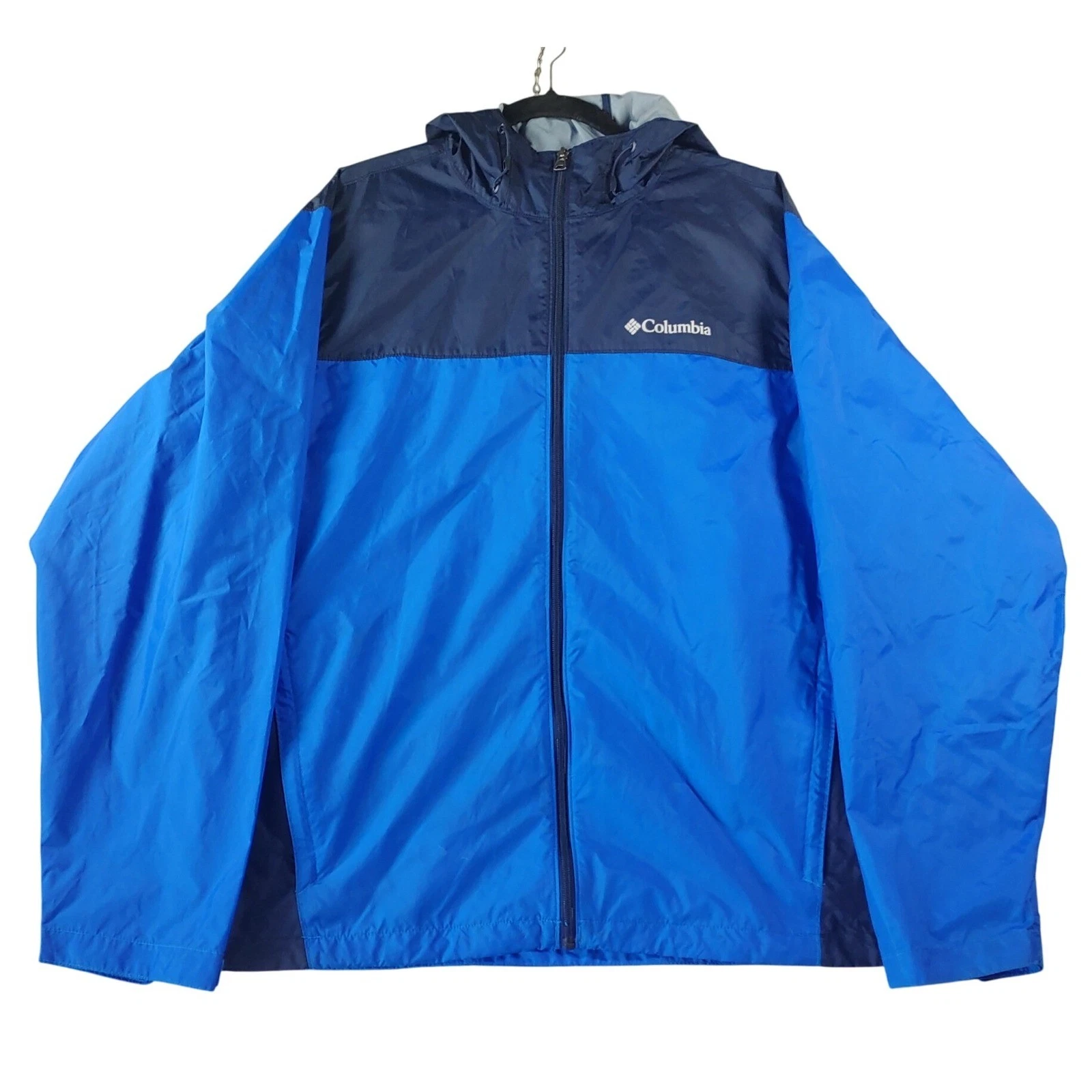 Columbia Rain Windbreaker Hooded Men's Large Blue Full Zip Lightweight Packable