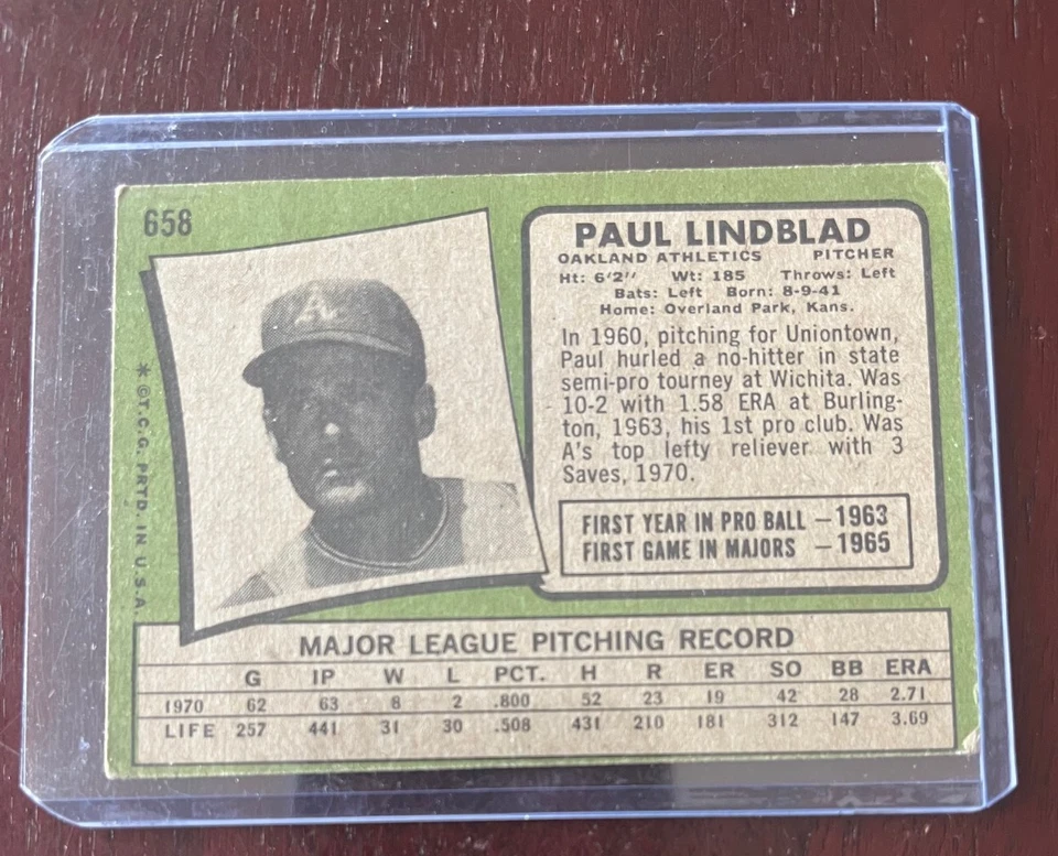 1971 Topps Baseball #658 Paul Lindblad Oakland Athletics - Image 2 of 2