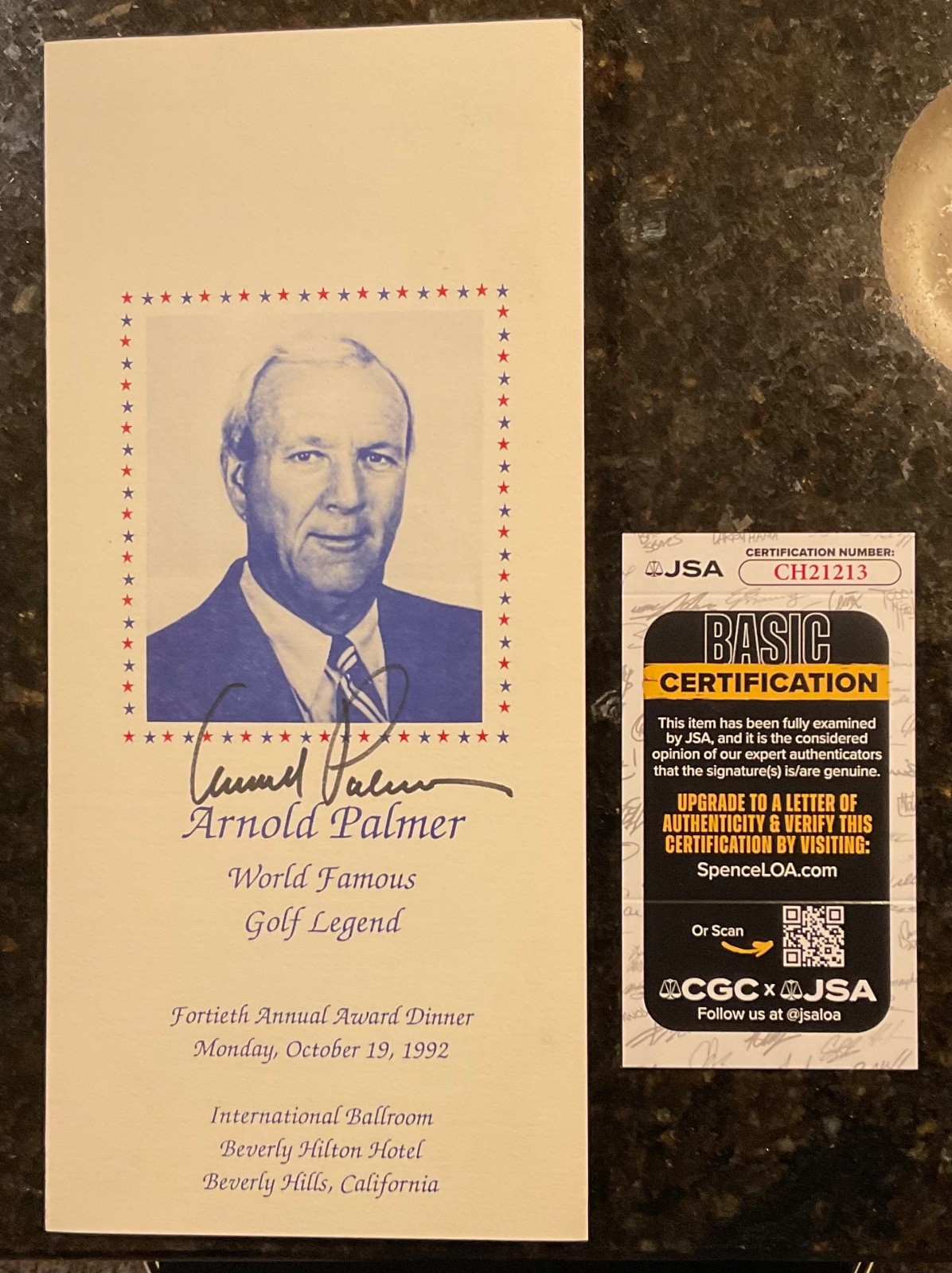 Arnold Palmer Autographed Signed 1992 Golf Dinner Program Beverly Hills Hilton w/ JSA COA 