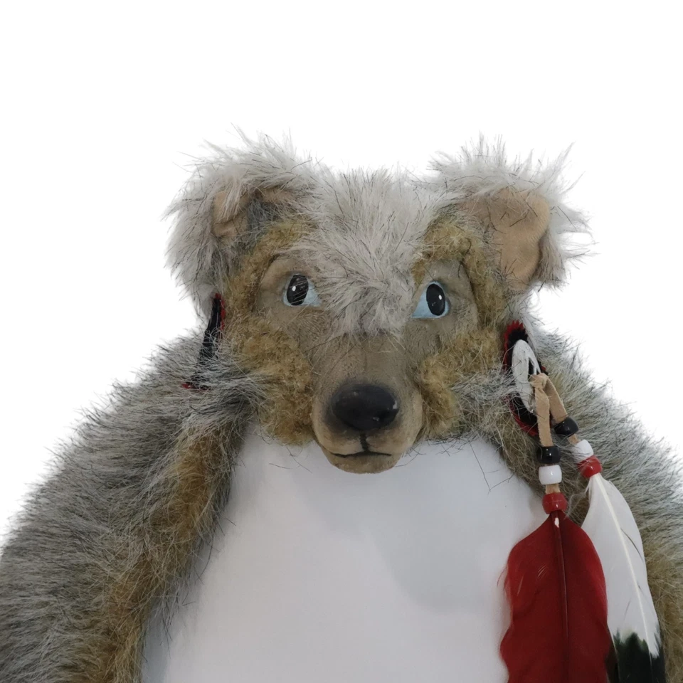 Tocado indio nativo americano lobo imitación piel plumas decoración muñeca miniatura Foto 3 de 4