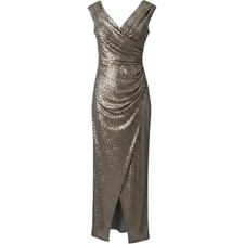Vince Camuto Bronze Sequin Ruched Surplice V-Neck Gown Maxi Dress Metallic SZ 10