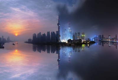 Anime shanghai night mist china cityscape building Play Gaming Mat Desk Game
