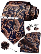 Tie Set for Men Necktie and Pocket Square,Tie Clip,Cufflinks, Lapel Gold -a