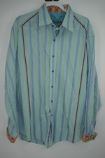 Robert Graham Shirt Mens XL Green Blue Stripe Long Sleeve Flip Cuff Button Front