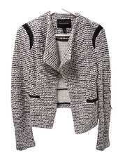 Banana Republic Womens Blazer 4P Petite Tweed Open Waterfall White Black Striped