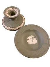 2 Pieces of Green Wedgwood Jasperware Candle Stick Holder and Ashtray