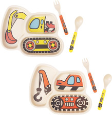 Kids Plate Set, 3-Piece Set - Child Portion Control Excavator Hook Truck 