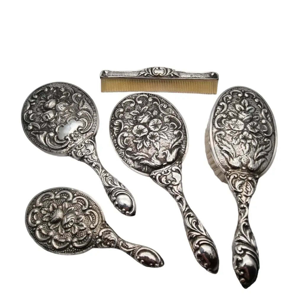 Juego de tocador art nouveau, plata 900 en relieve, juego floral en...