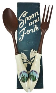 St. Louis Cathedral New Orleans LA Vtg Japan Serving Spoon Fork Wood & Ceramic