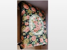 Vintage Blanket Blue Reversable Pink Floral Heavy Weight Queen VTG