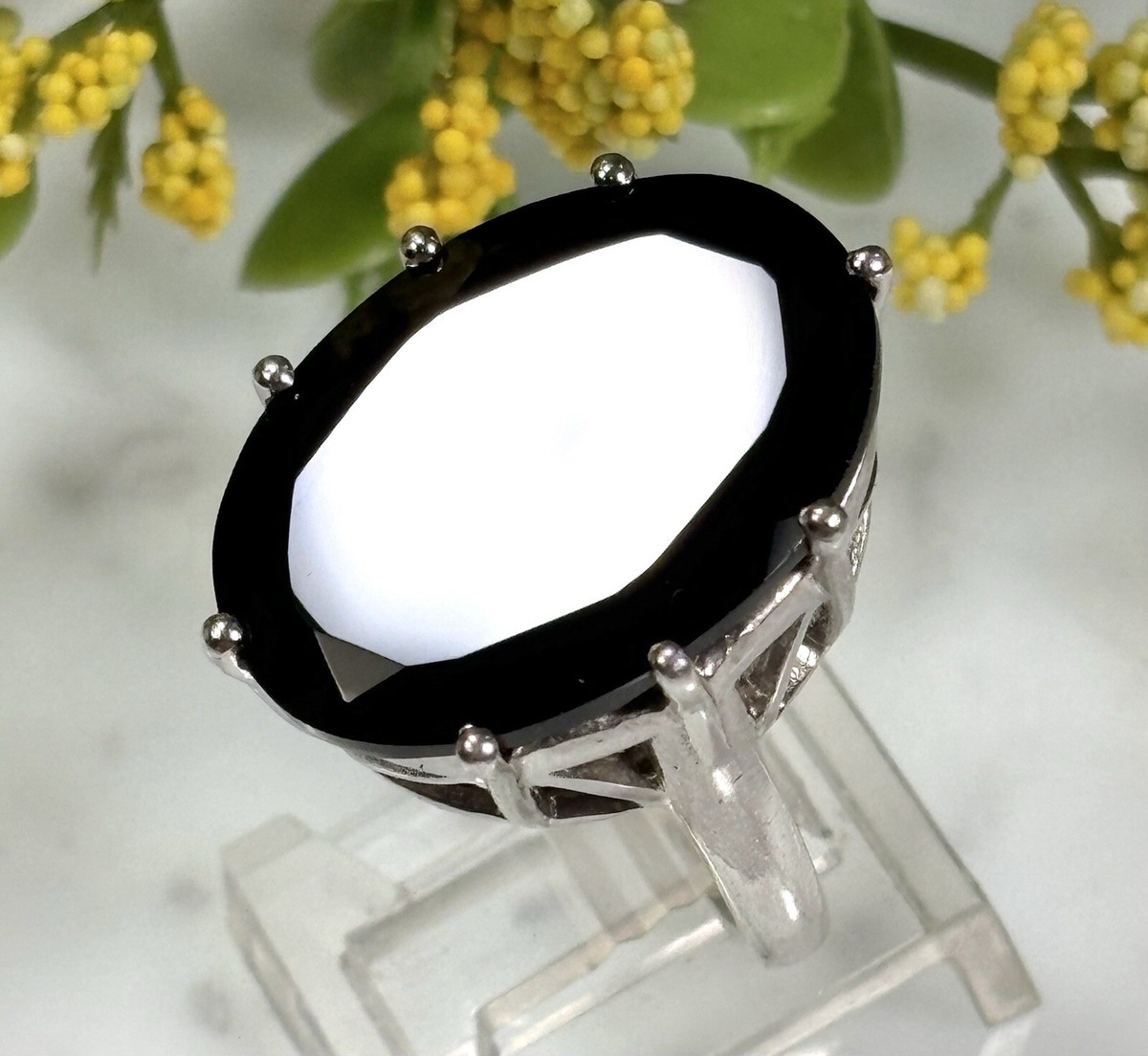 TGGC Sterling Silver 925 Large Black Spinel Faceted Oval Statement