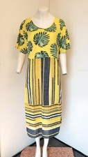 Gorgeous Yellow Blue & Green Leaf Design Italian Cotton Dress - Size L - Great!