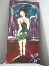 STRIKING PAINT ON CANVAS "LADY IN THE RAIN" ARTIST UNKNOWN IMPRESSIONIST MCM 
