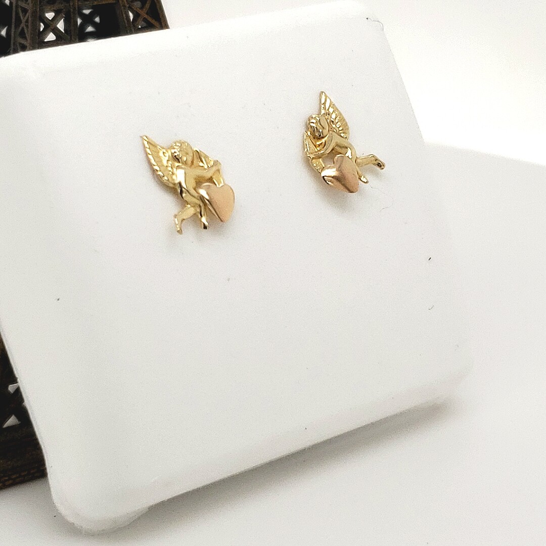 【HYERES LOR】22FW★ Cupid 14K bow dia earrings Cupids Bow & Arrow Heart design 14k yellow gold post stud