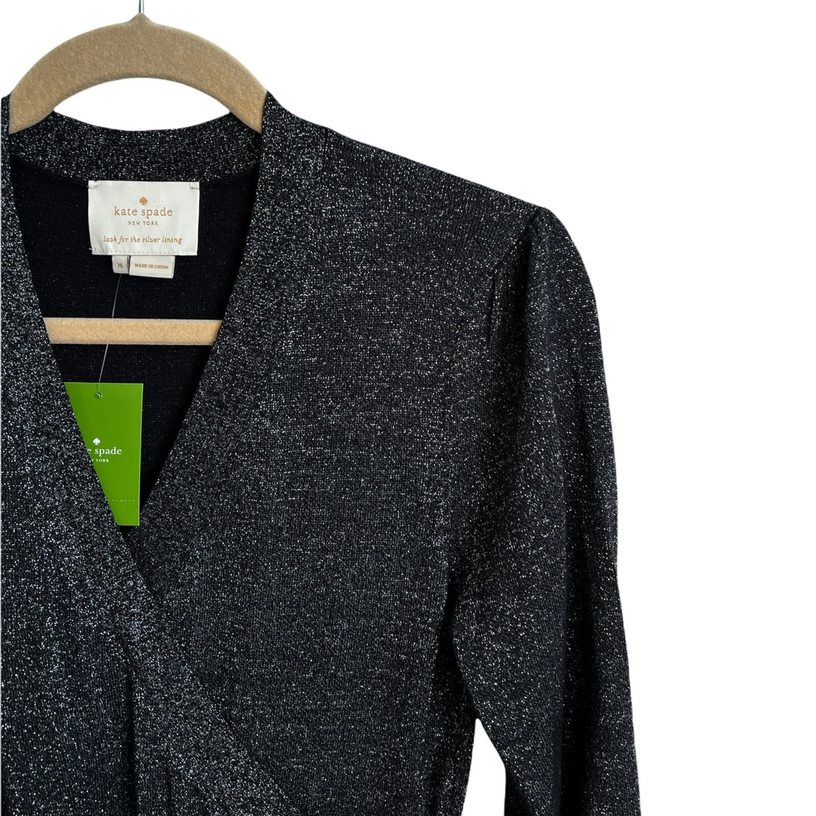 Abito Kate Spade taglia M neutro metallizzato festa festa nuovo nero lucido midi $328 NUOVO