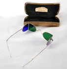 Antique Double D Spectacles /Eyeglasses Railway Double D Blue&Green Glasses+Case