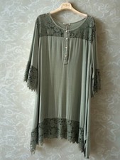 Boho Kleid Damen in Olive-Grün mit Spitze 3/4 Ärmel 36 38 40 Italy Baumwolle