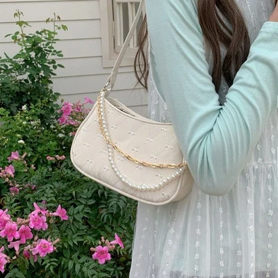 Pearl Chains Shoulder Bag Leather Armpit Bag Fashion Crossbody Bags Womens - Image 1 of 4