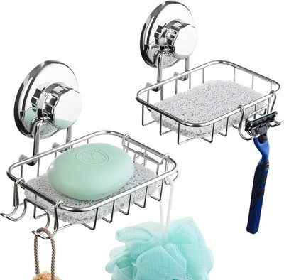 HASKO 2-Pack Suction Cup Soap Holder   Bar Soap Dish for Shower with Hooks for