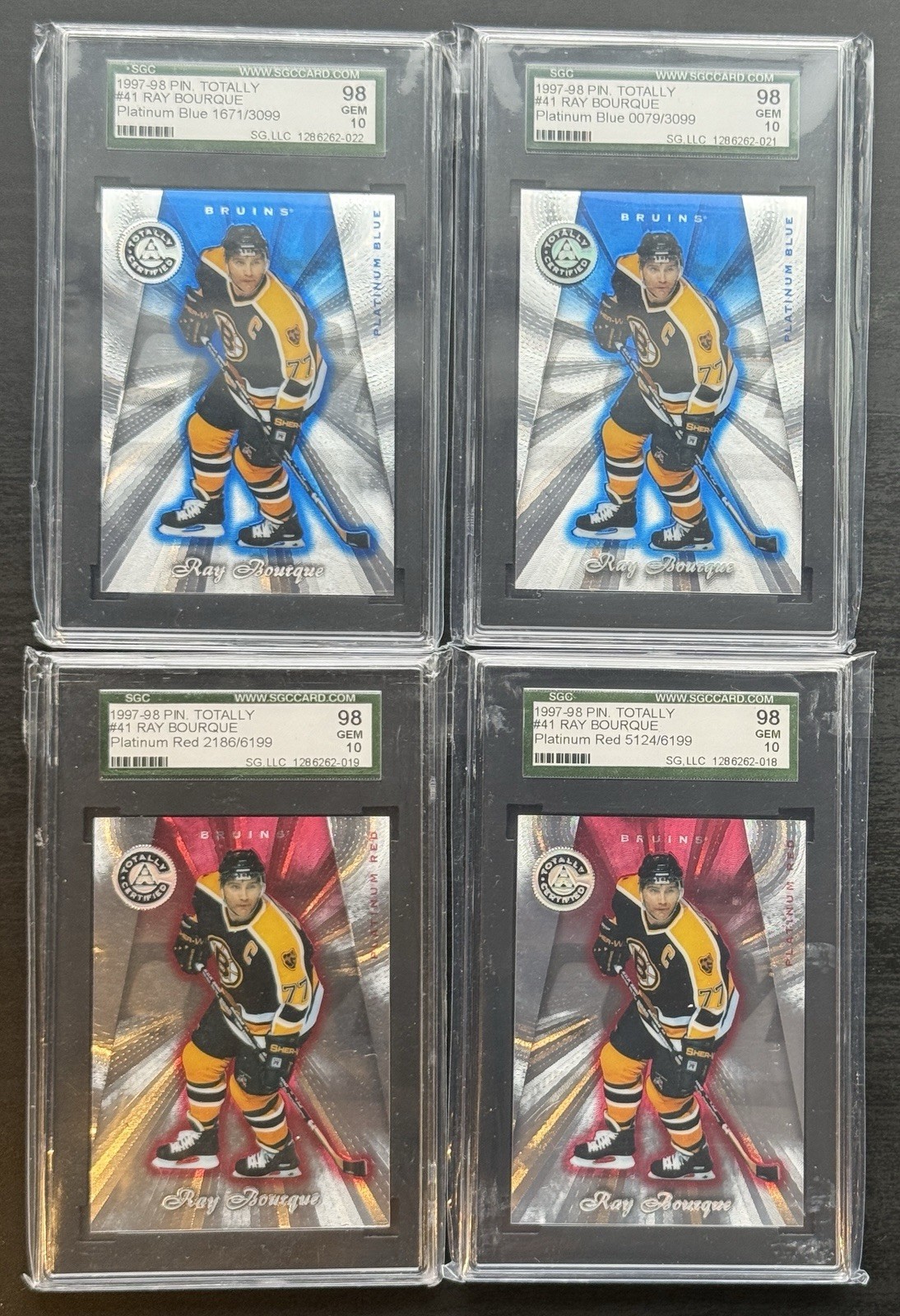 RAY BOURQUE 1997 PINNACLE CERTIFIED PLAT BLUE /3099 & RED /6199 LOT (4) SGC 10
