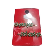 Holiday Time Christmas Holly Flowers Hair Clips 2 Pc Bobby Pins Red Green