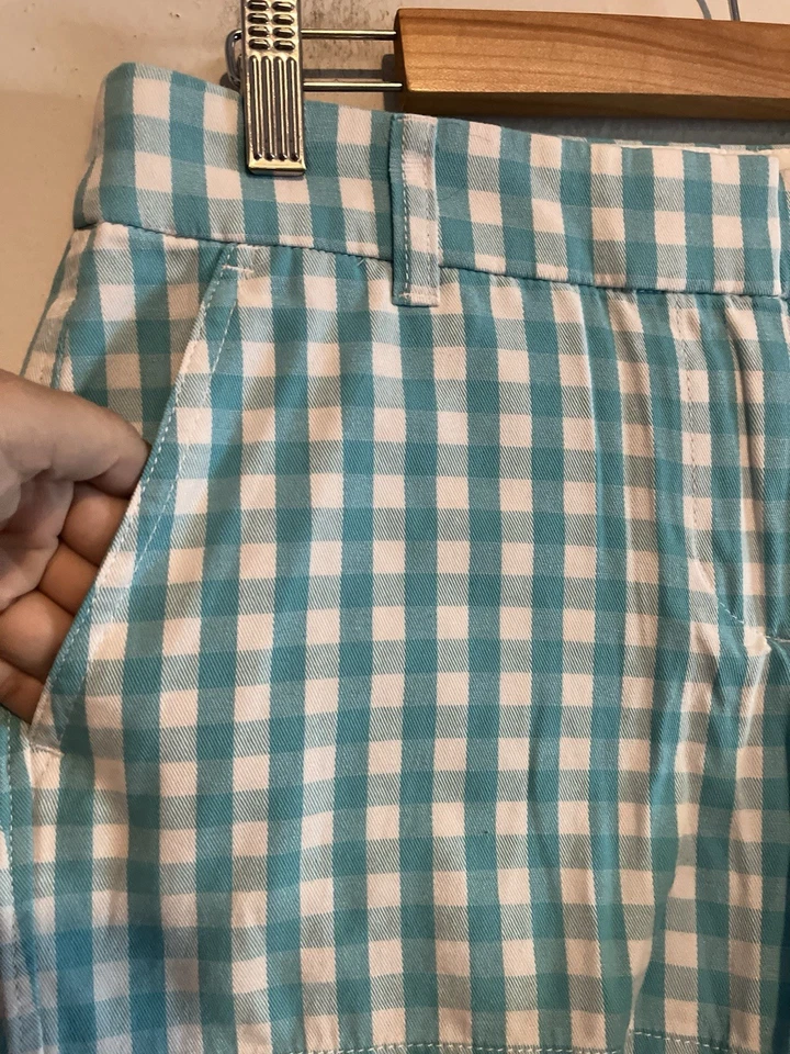 J. Pantalones cortos chinos Crew Factory para mujer talla 6 azul y blanco a cuadros guinga 100 % algodón Foto 2 de 4