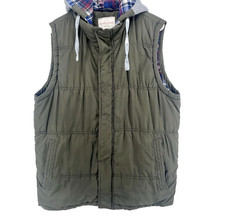 Weatherproof OliveGreen Hooded Zip Puffer Vest Men's Size L Plaid Lining