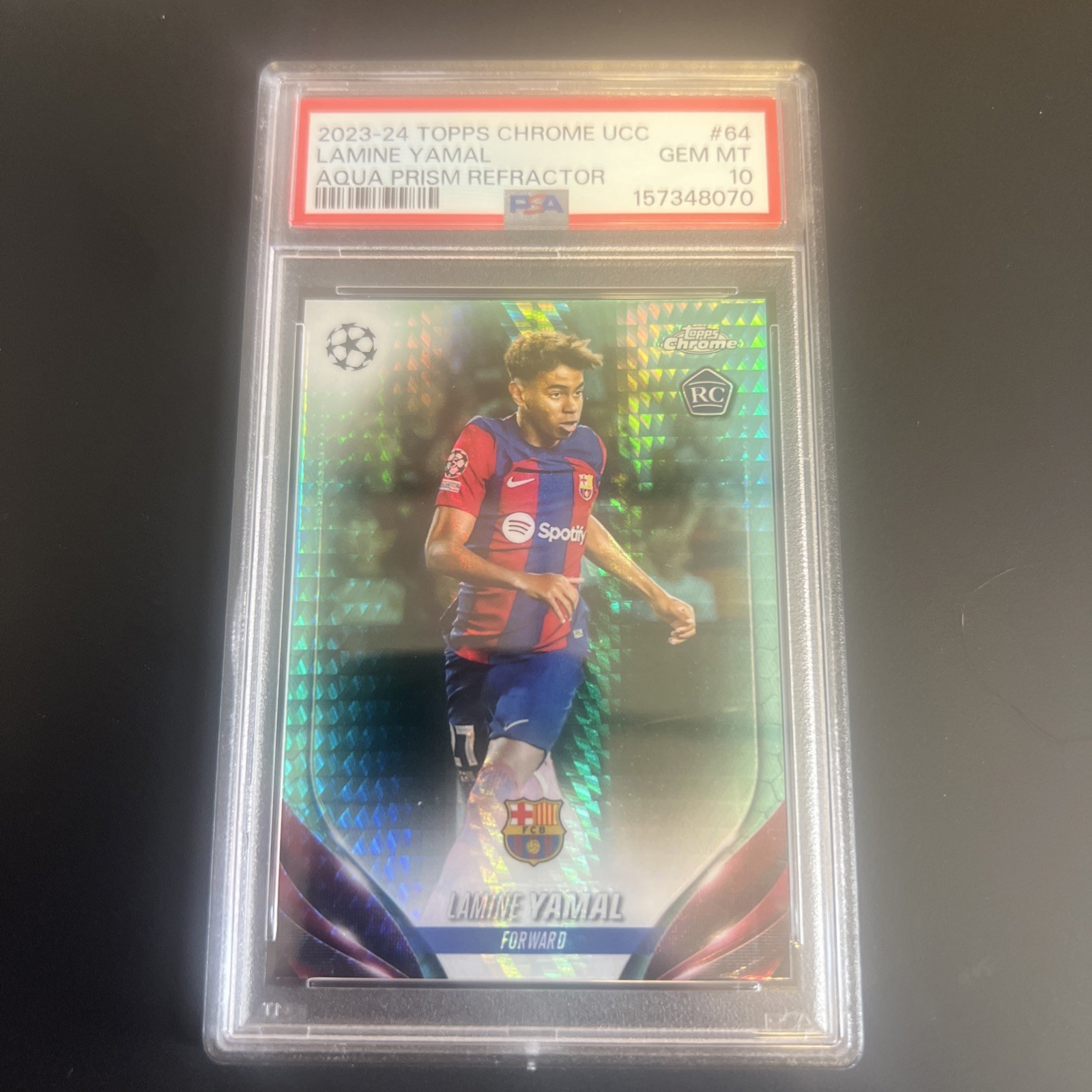 2023-24 Topps Chrome UEFA Lamine Yamal RC Aqua Prism Refractor Rookie #64 PSA 10