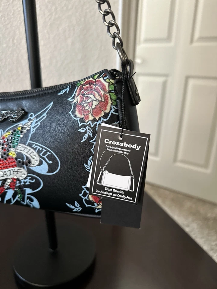 Bolso de Hombro Ed Hardy Cuero Negro Nuevo Sin Etiquetas Love Kills Foto 4 de 4