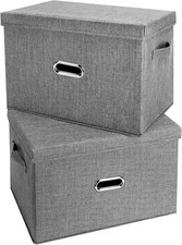 Large Linen Fabric Foldable Storage Bins with Removable Lid and Handles, Washabl