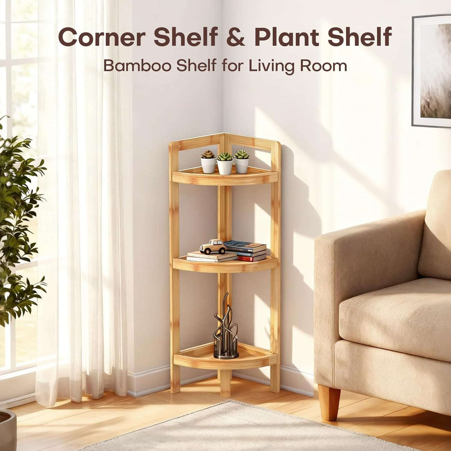 2025 New Bamboo Standing Shelf, 3 Tier Corner Shelf Staand, Free-Standing Shelf 