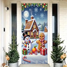 Merry Christmas Door Banner 35x71 Inch Snowman and Gingerbread House Front Do...