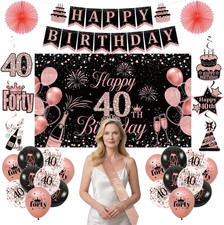 40th Birthday Decorations for Women, Rose Gold 40 Birthday Crown and Sash, Black