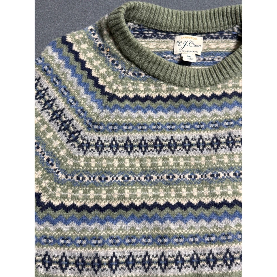 J Crew Mens Lambswool Fair Isle Sweater Green Blue Size Medium Pullover - Image 3 of 4