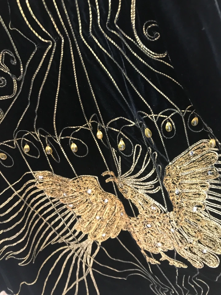 Vintage Joan Roberts CA golden Peacock embroidered on black velvet skirt & top - Image 3 of 4