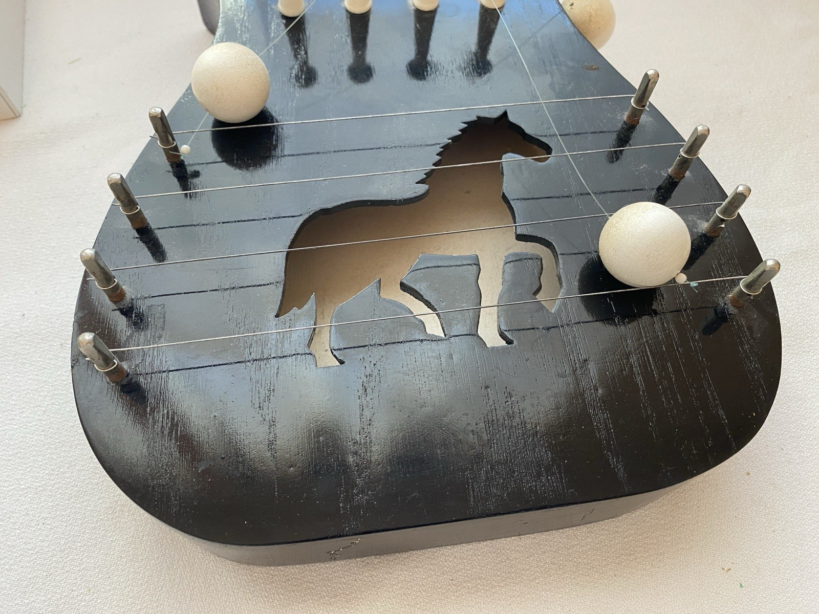 VTG Door Harp Horse Welcome Black Laquer Wood Door Chime Western Design REPAIR