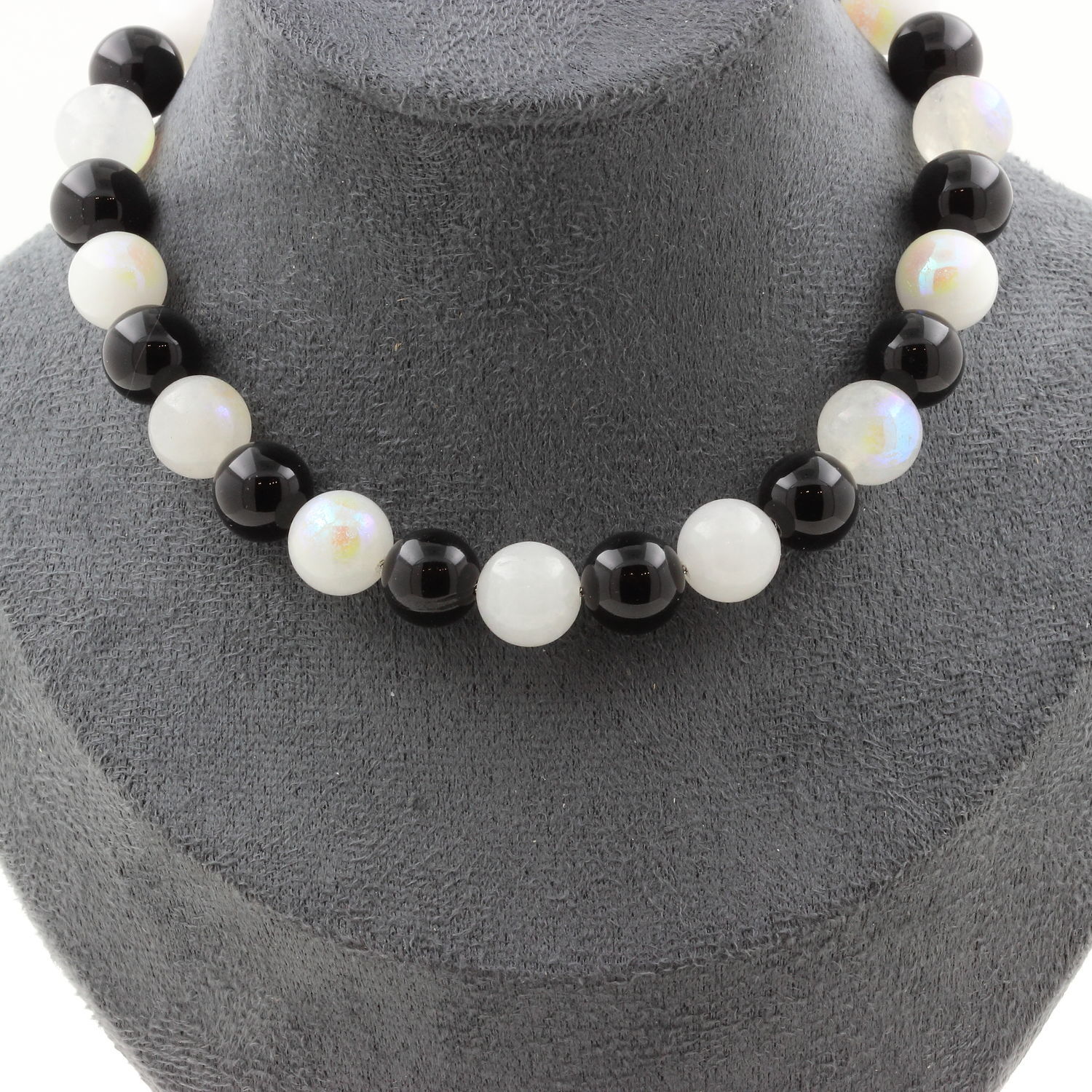 Collier en pierre de lune et agate noire, perles 10 mm de qualité joaillerie