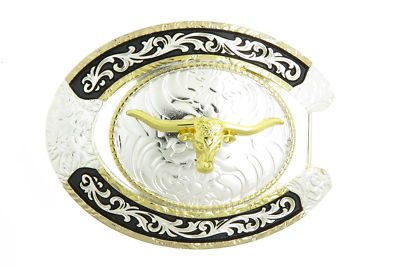 Vintage silver oversized western longhorn bull star horseshoe belt buckle Western Buckle Gold Black Silver Longhorn Cowboy 2 main image 4