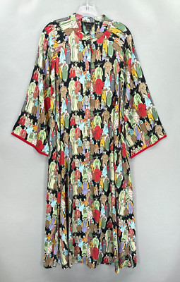 Natori Caftan Small Dynasty Satin Zip Dress Multi Asian Art to Wear Robe Kaftan