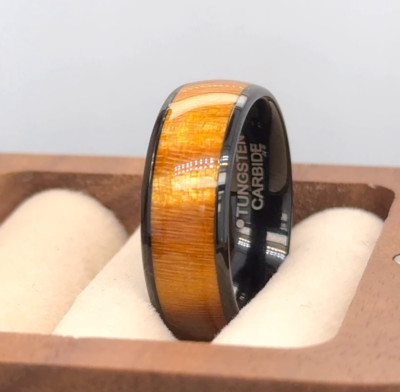Engagement Ring Dyed Caramel Wood Design Comfort Fit Wedding Band Black Tungsten